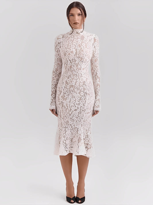 Vestido Feminino Midi em Renda Floral com Leve Godê Gola Alta e Manga Flare – Nagyla