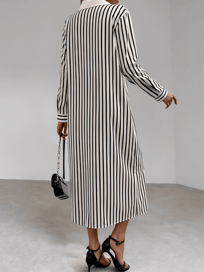 Vestido Feminino Chemise com Listras Verticais  Botões Frontais e Acabamento Elegante nos Punhos – Julia