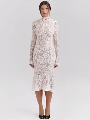 Vestido Midi  Godê em Renda Floral de Gola Alta e Manga Flare – Nagyla