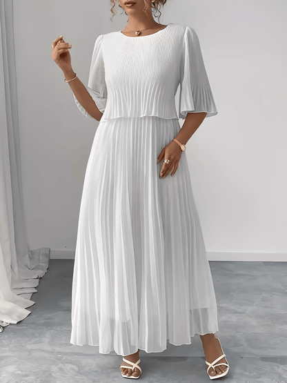 Vestido Feminino Longo Plissado em Chiffon com Duas Camadas Efeito Saia e Blusa – Marcela
