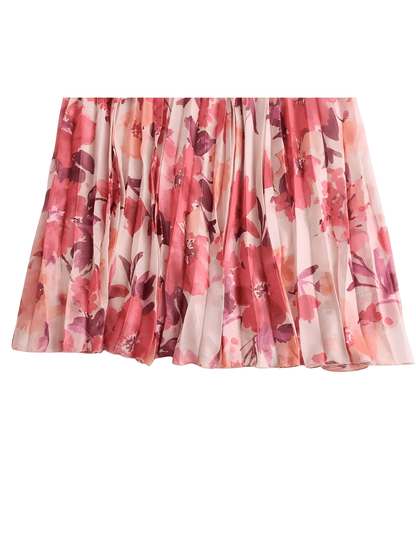 Conjunto Feminino Floral em Chiffon com Camisa Manga Longa e Saia Midi Plissada Cintura Alta  – Audrey