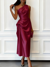 Vestido Midi Acetinado Acinturado com Decote Assimétrico e Drapeado Elegante - Penelope [FRETE FULL]
