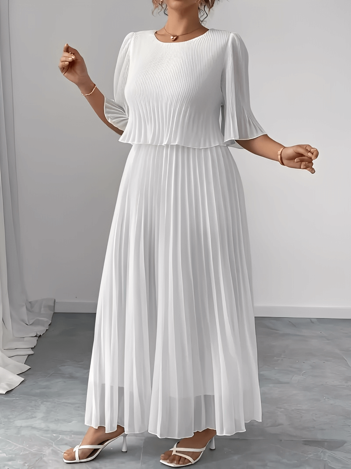 Vestido Feminino Longo Plissado em Chiffon com Duas Camadas Efeito Saia e Blusa – Marcela