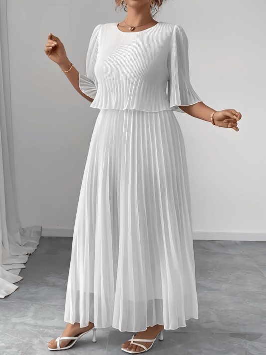 Vestido Feminino Longo Plissado em Chiffon com Duas Camadas Efeito Saia e Blusa – Marcela