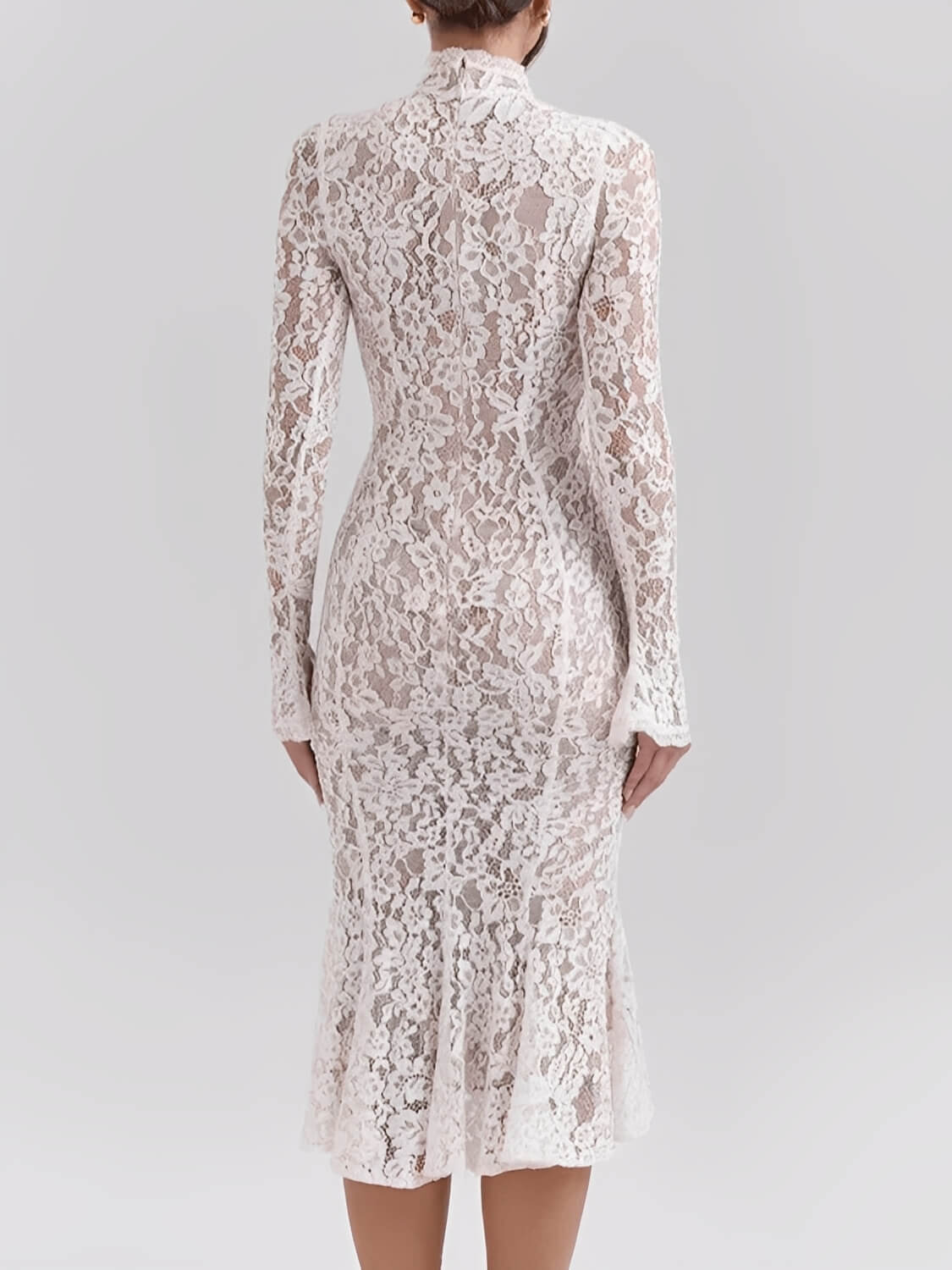 Vestido Midi  Godê em Renda Floral de Gola Alta e Manga Flare – Nagyla