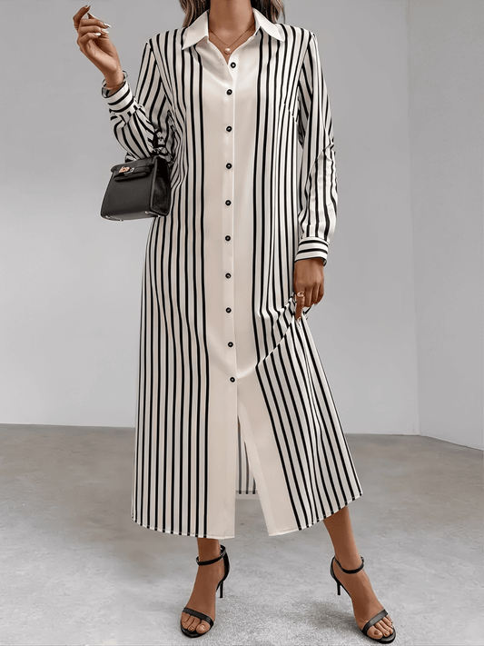Vestido Feminino Chemise com Listras Verticais  Botões Frontais e Acabamento Elegante nos Punhos – Julia