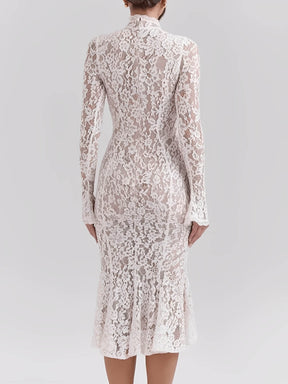 Vestido Midi  Godê em Renda Floral de Gola Alta e Manga Flare – Nagyla