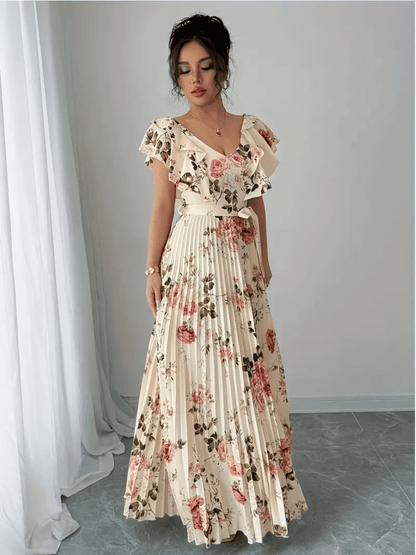 Vestido Feminino Longo Floral com Babados Saia Plissada e Faixa Removível na Cintura  – Laís