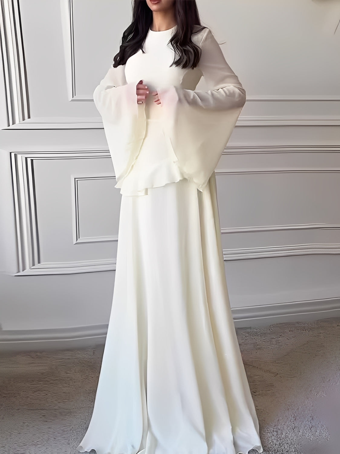 Vestido Longo de Festa em Chiffon com Manga Sino Babado e Amarração - Rubia