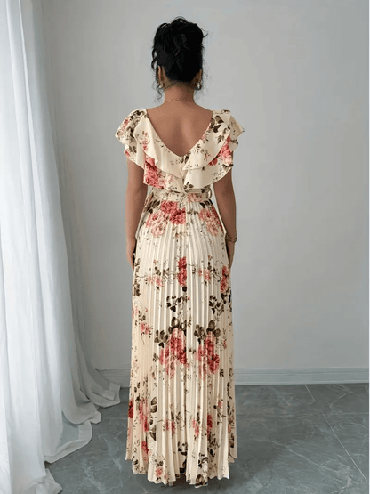 Vestido Feminino Longo Floral com Babados Saia Plissada e Faixa Removível na Cintura  – Laís