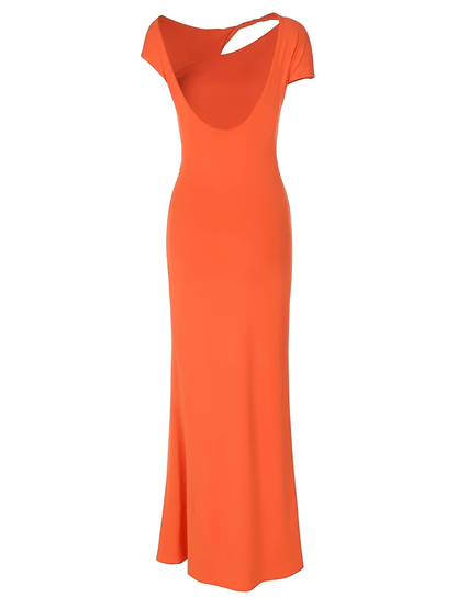 Vestido Feminino Longo com Recorte em Gota no Colo Decote U nas Costas e Flor Aplicada em Drapeado Lateral – Clementine