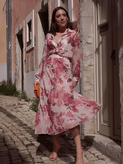 Conjunto Feminino Floral em Chiffon com Camisa Manga Longa e Saia Midi Plissada Cintura Alta  – Audrey