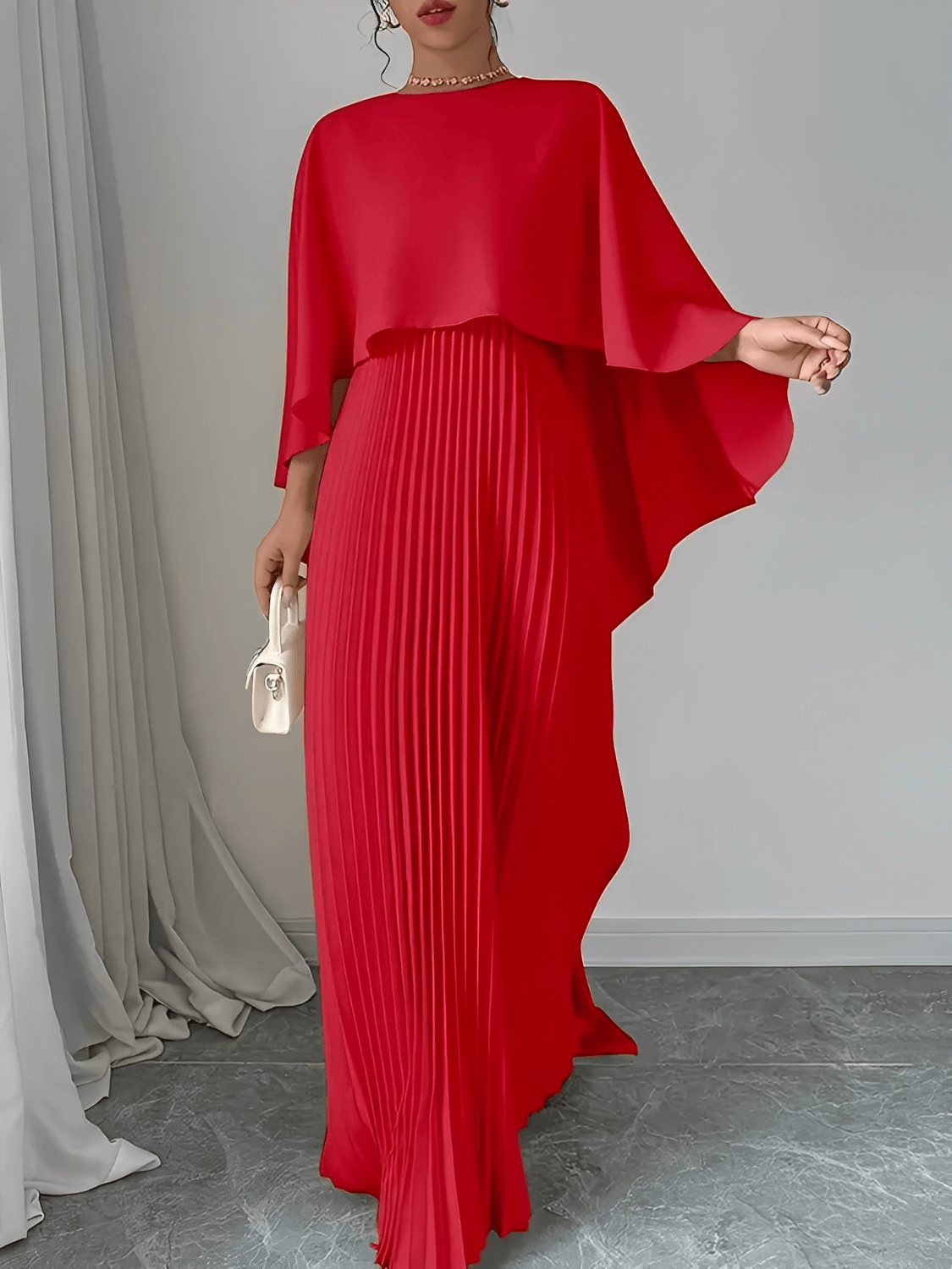 Vestido Feminino Longo de Festa Plissado com Capa Peplum Elegante Embutida – Loren