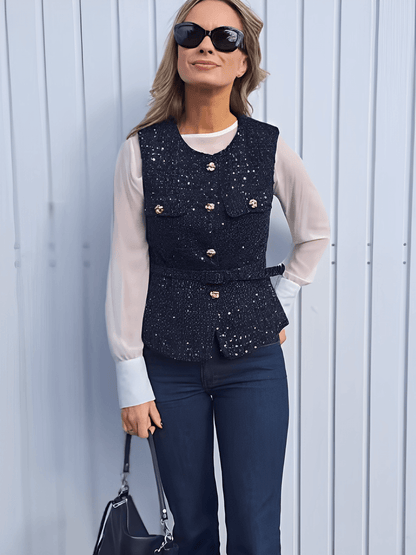 Colete Feminino Tweed Acinturado com Cinto e Bolsos Decorativo - Corine