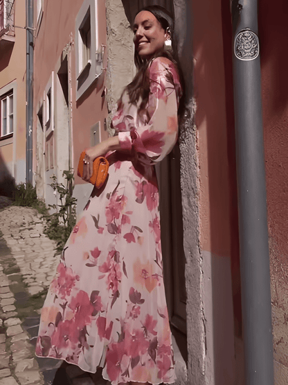 Conjunto Feminino Floral em Chiffon com Camisa Manga Longa e Saia Midi Plissada Cintura Alta  – Audrey