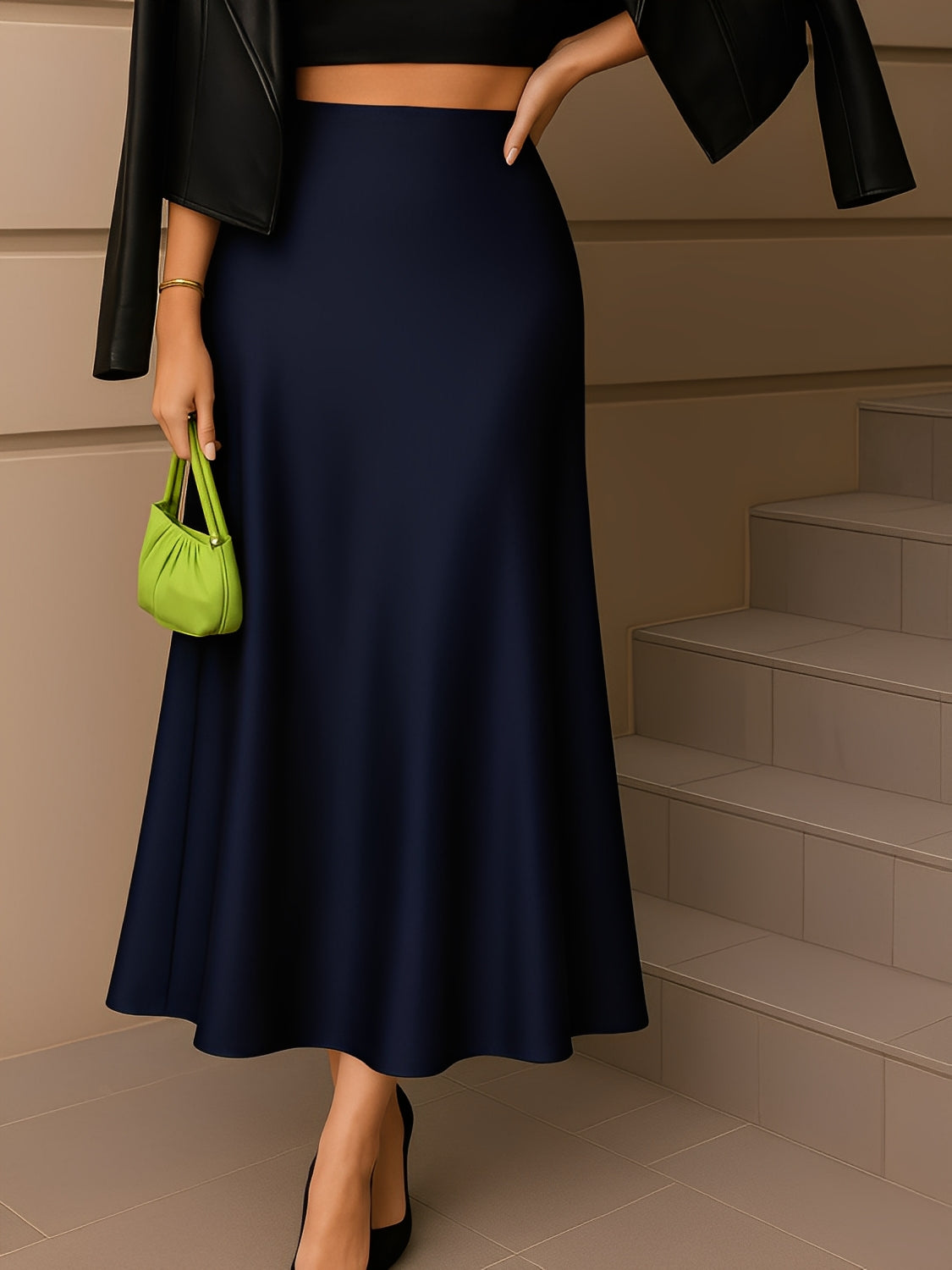 Saia Midi Acetinada Modelagem Sereia Evasê com Cintura Alta - Mariane