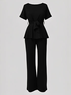Conjunto Blusa Peplum com Cinto Faixa e Calça Pantalona Elegante - Marian