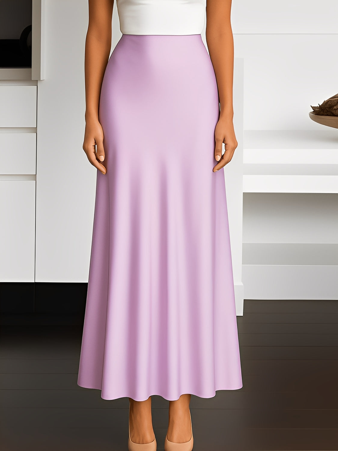 Saia Midi Acetinada Modelagem Sereia Evasê com Cintura Alta - Mariane