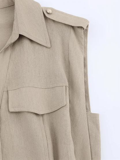 Vestido Feminino Midi Chemise Sem Mangas com Botões Frontais Bolsos Decorativos e Fivelas Laterais – Melina