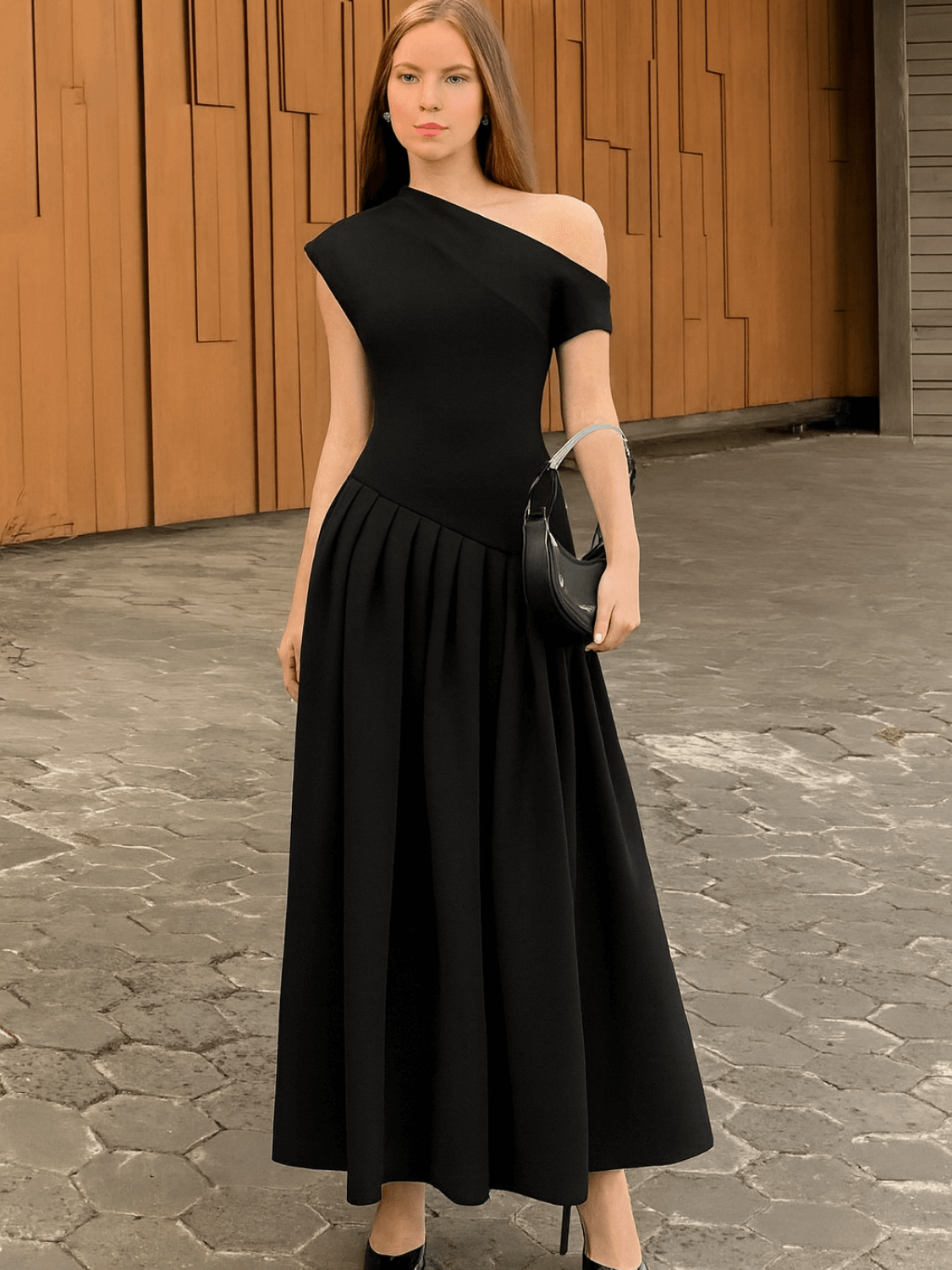 Vestido Maxi com Ombro Assimétrico e Saia Plissada Sofisticada – Luana