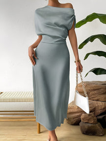 Vestido Midi Acetinado Acinturado com Decote Assimétrico Drapeado - Cleo