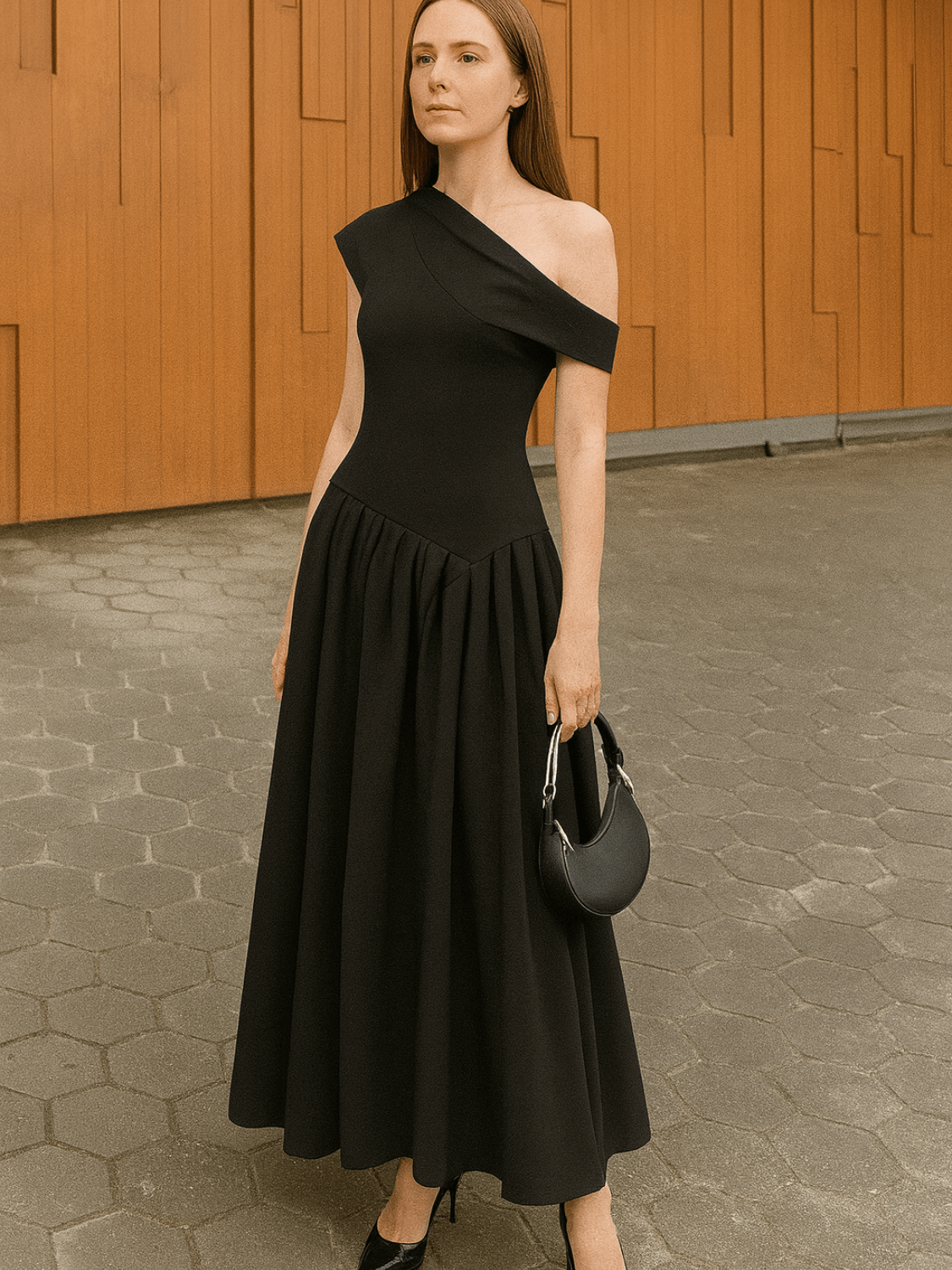 Vestido Feminino Maxi com Ombro Assimétrico e Saia Plissada – Luana
