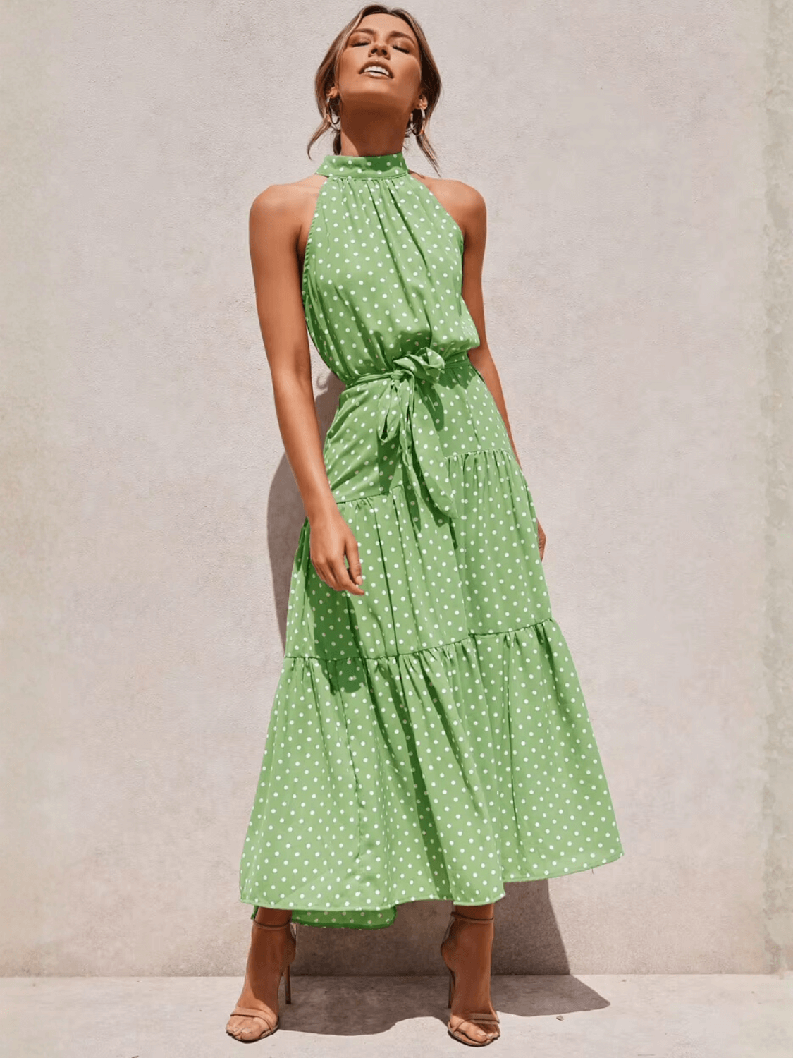 Vestido Midi em Poá Acinturado Decote Halter e Saia em Camadas – Andressa [FRETE FULL]