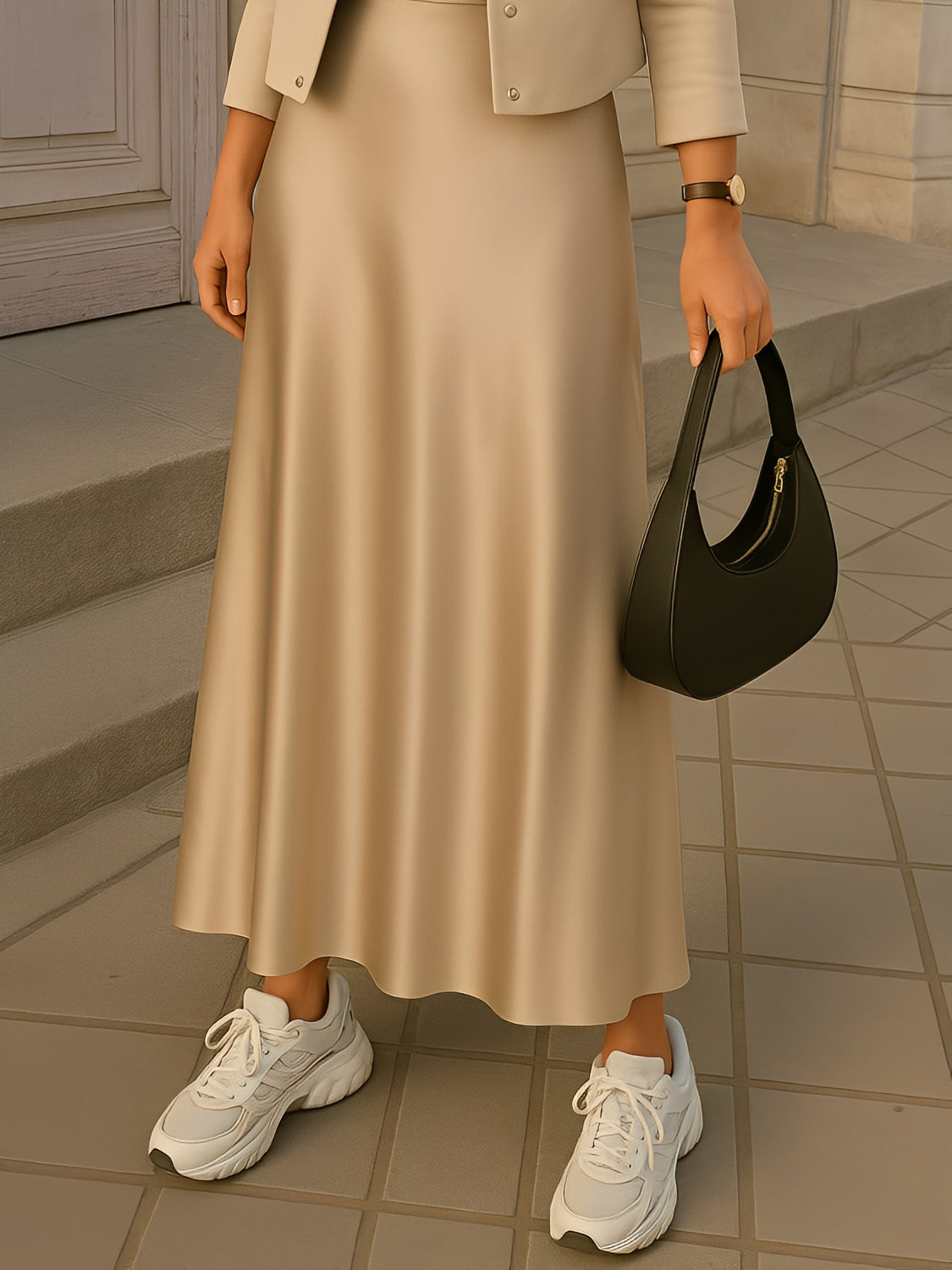 Saia Midi Acetinada Modelagem Sereia Evasê com Cintura Alta - Mariane