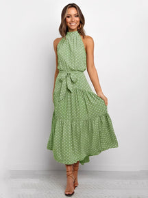 Vestido Midi em Poá Acinturado Decote Halter e Saia em Camadas – Andressa [FRETE FULL]