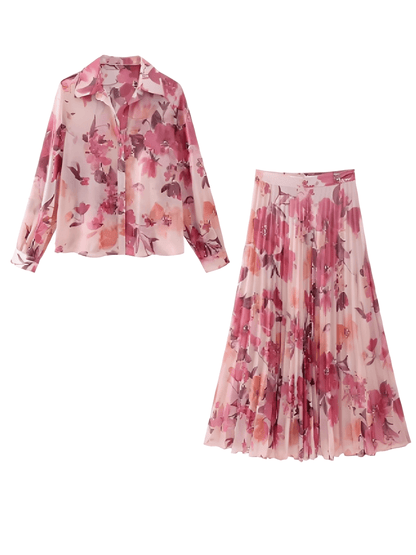 Conjunto Feminino Floral em Chiffon com Camisa Manga Longa e Saia Midi Plissada Cintura Alta  – Audrey