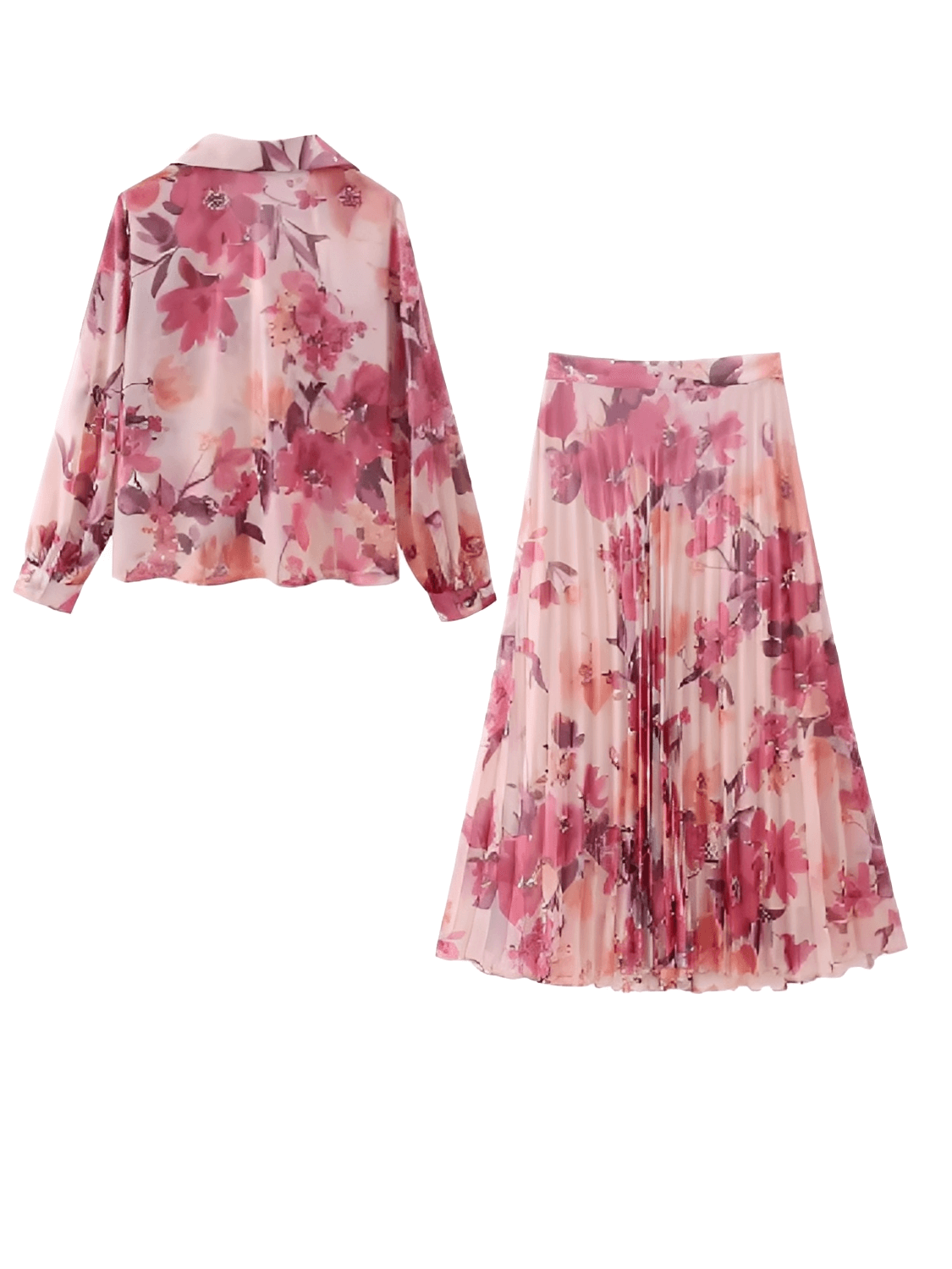 Conjunto Feminino Floral em Chiffon com Camisa Manga Longa e Saia Midi Plissada Cintura Alta  – Audrey