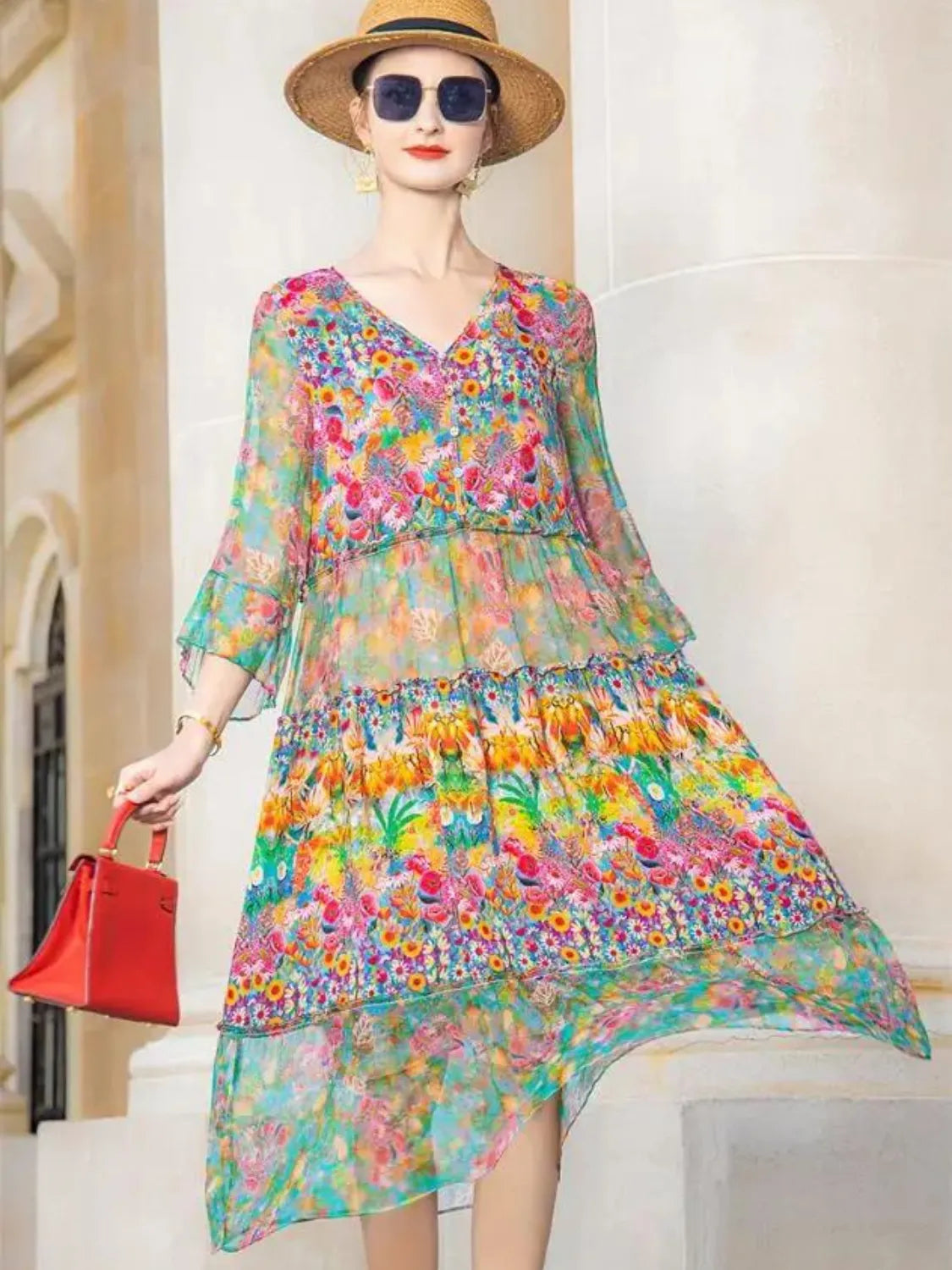 Vestido Midi Floral em Chiffon Estampado com Mangas Longas – Keila