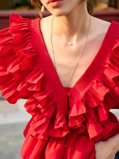 Blusa Feminina com Babados Decote em V com Botões - Isabella