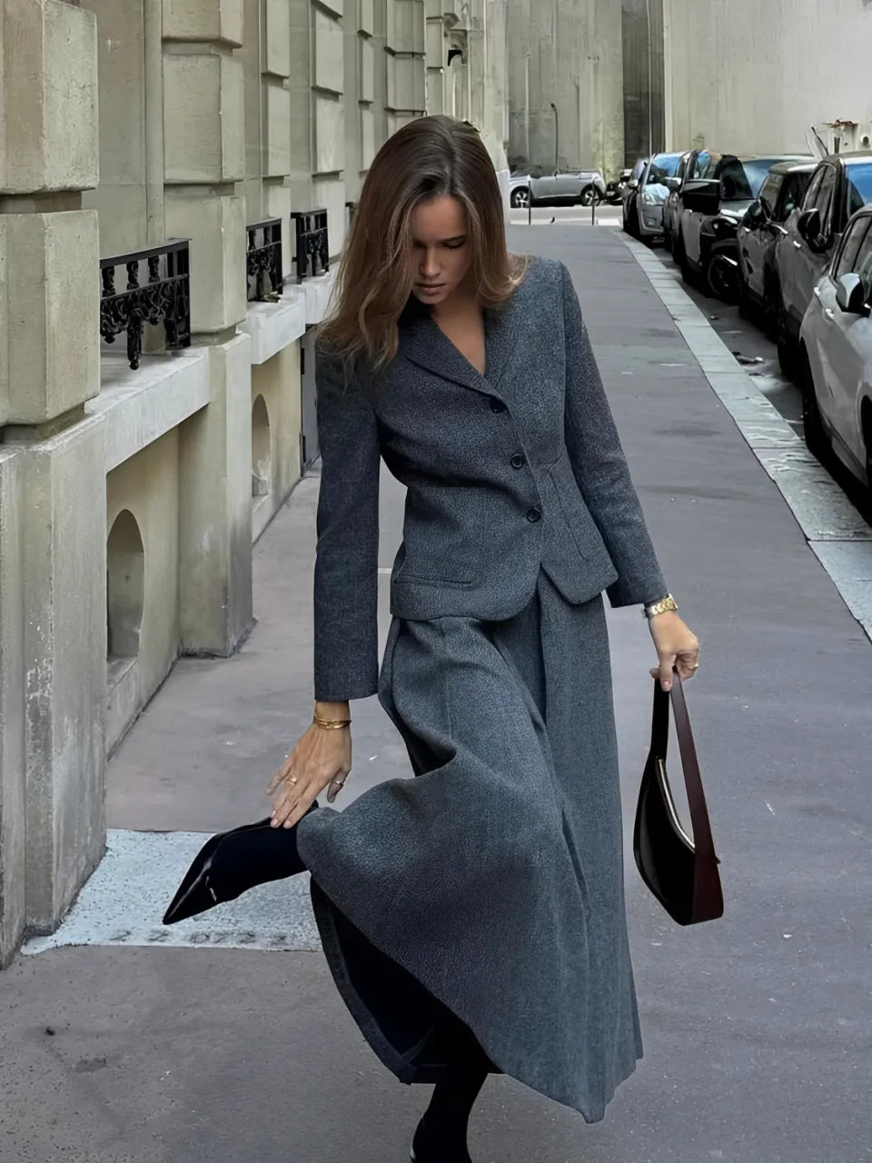 Conjunto de Blazer com Colarinho e Saia Midi em Lã Batida - Anastacia