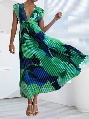Vestido Midi Plissado Estampado com Decote em V Elegante – Adriene [FRETE FULL]