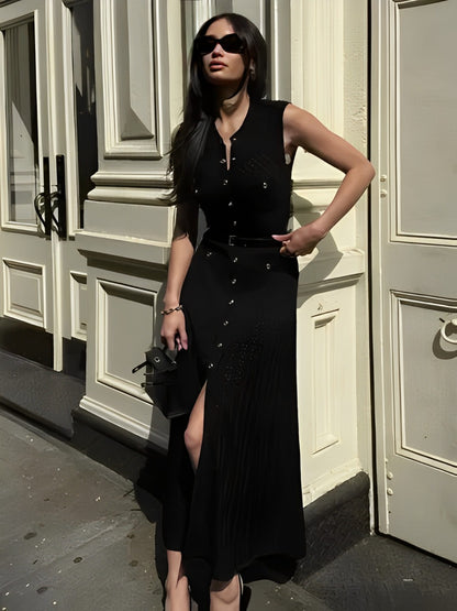 Vestido Feminino Midi de Tricô Sem Mangas com Abertura de Botões - Manon