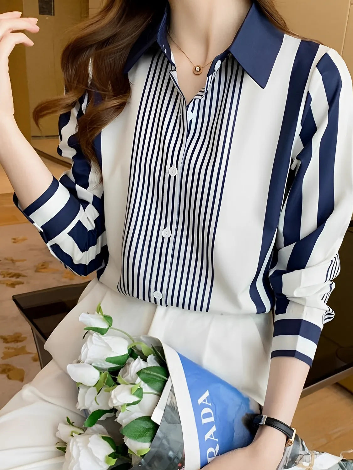 Camisa Feminina Listrada Elegante Casual - Rachel [FRETE FULL]