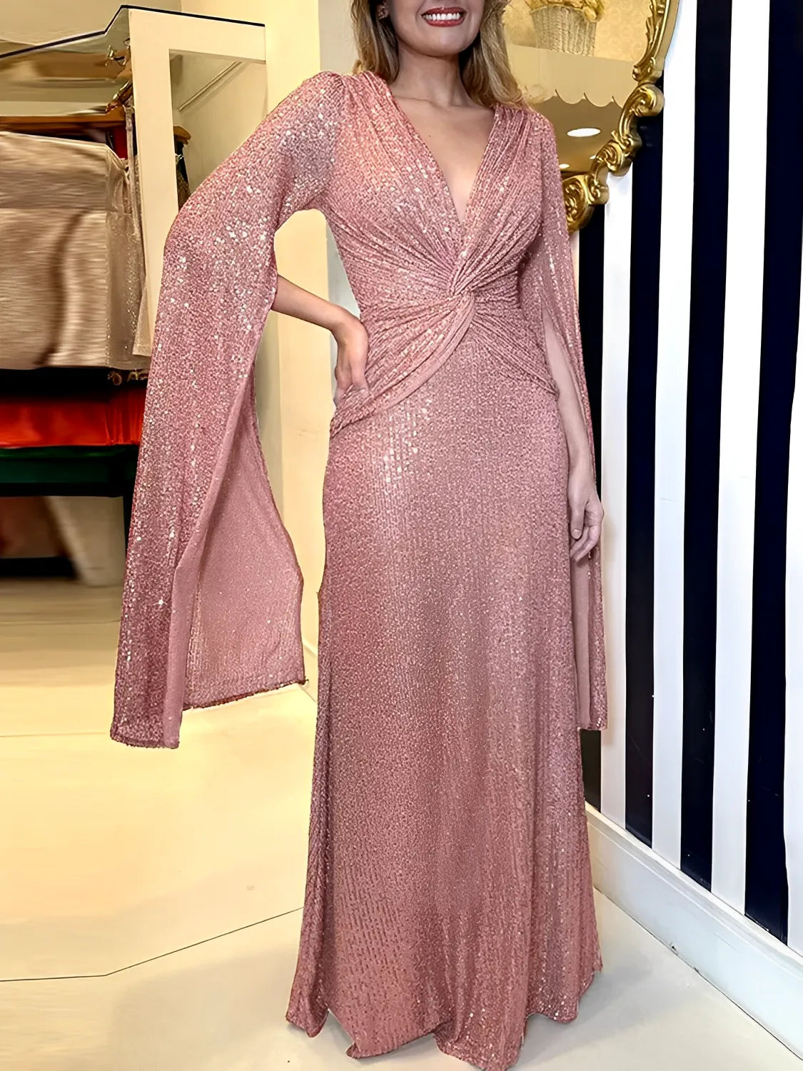 Vestido Feminino Longo de Festa Paêtes Decote em V e Nó na Cintura  - Dafne [FRETE FULL]