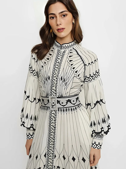 Vestido Feminino Midi Estampado Elegante com Gola Padre Cinto e Mangas Longas - Mia
