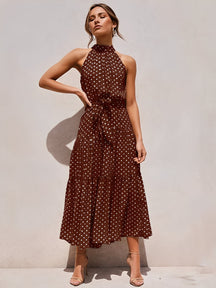Vestido Midi em Poá Acinturado Decote Halter e Saia em Camadas – Andressa [FRETE FULL]