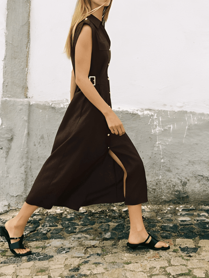 Vestido Feminino Midi Chemise Sem Mangas com Botões Frontais Bolsos Decorativos e Fivelas Laterais – Melina