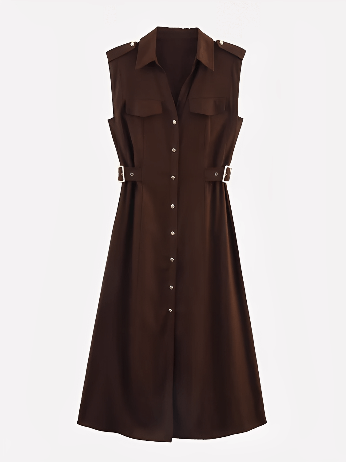 Vestido Feminino Midi Chemise Sem Mangas com Botões Frontais Bolsos Decorativos e Fivelas Laterais – Melina