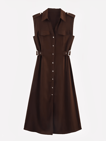Vestido Feminino Midi Chemise Sem Mangas com Botões Frontais Bolsos Decorativos e Fivelas Laterais – Melina