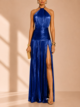 Vestido Longo Plissado Acetinado Decote Halter com Fenda Elegante - Noelia [FRETE FULL]
