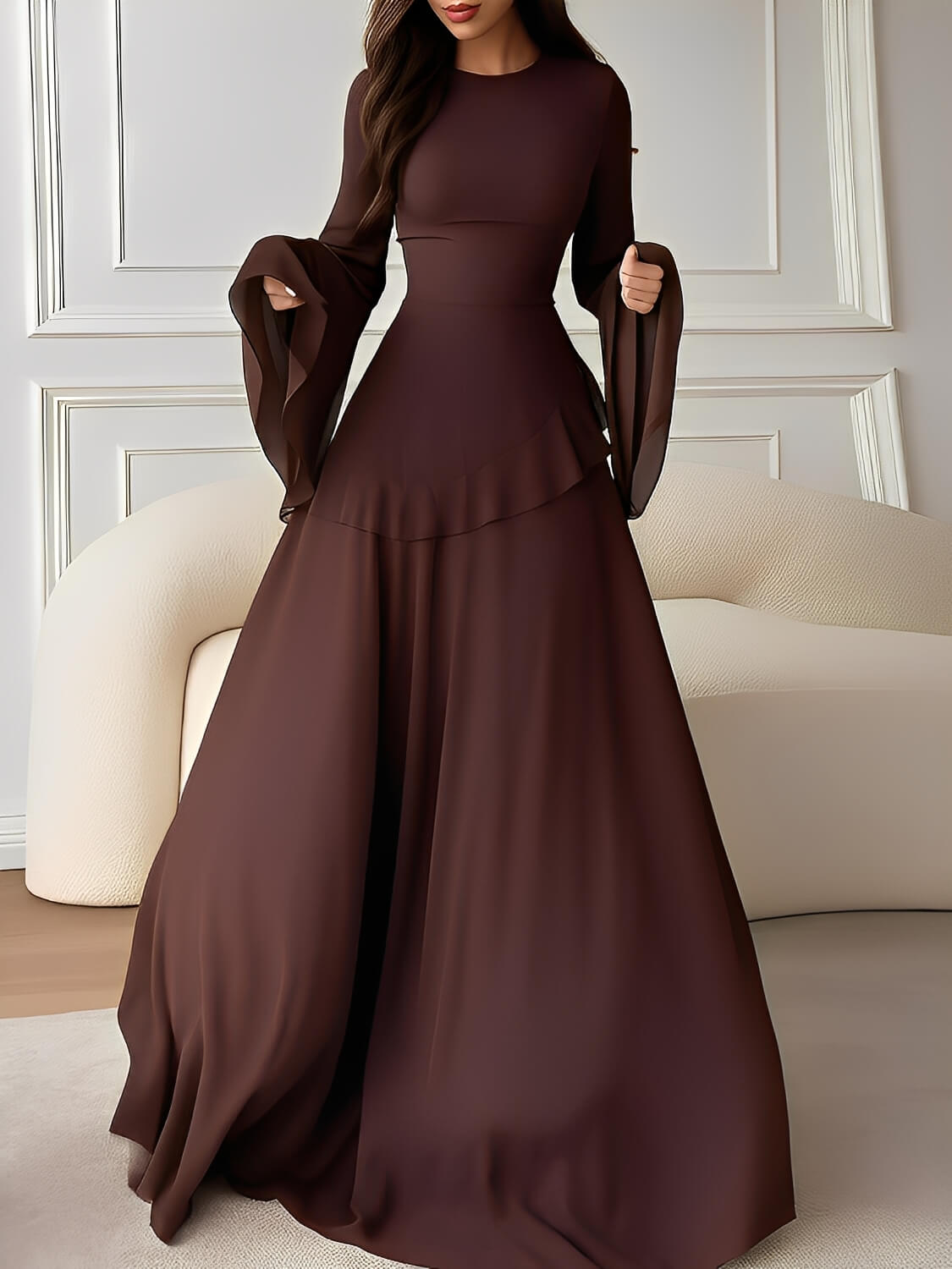 Vestido Longo de Festa em Chiffon com Manga Sino Babado e Amarração - Rubia