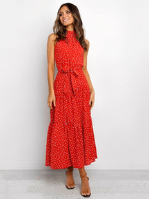 Vestido Midi em Poá Acinturado Decote Halter e Saia em Camadas – Andressa [FRETE FULL]