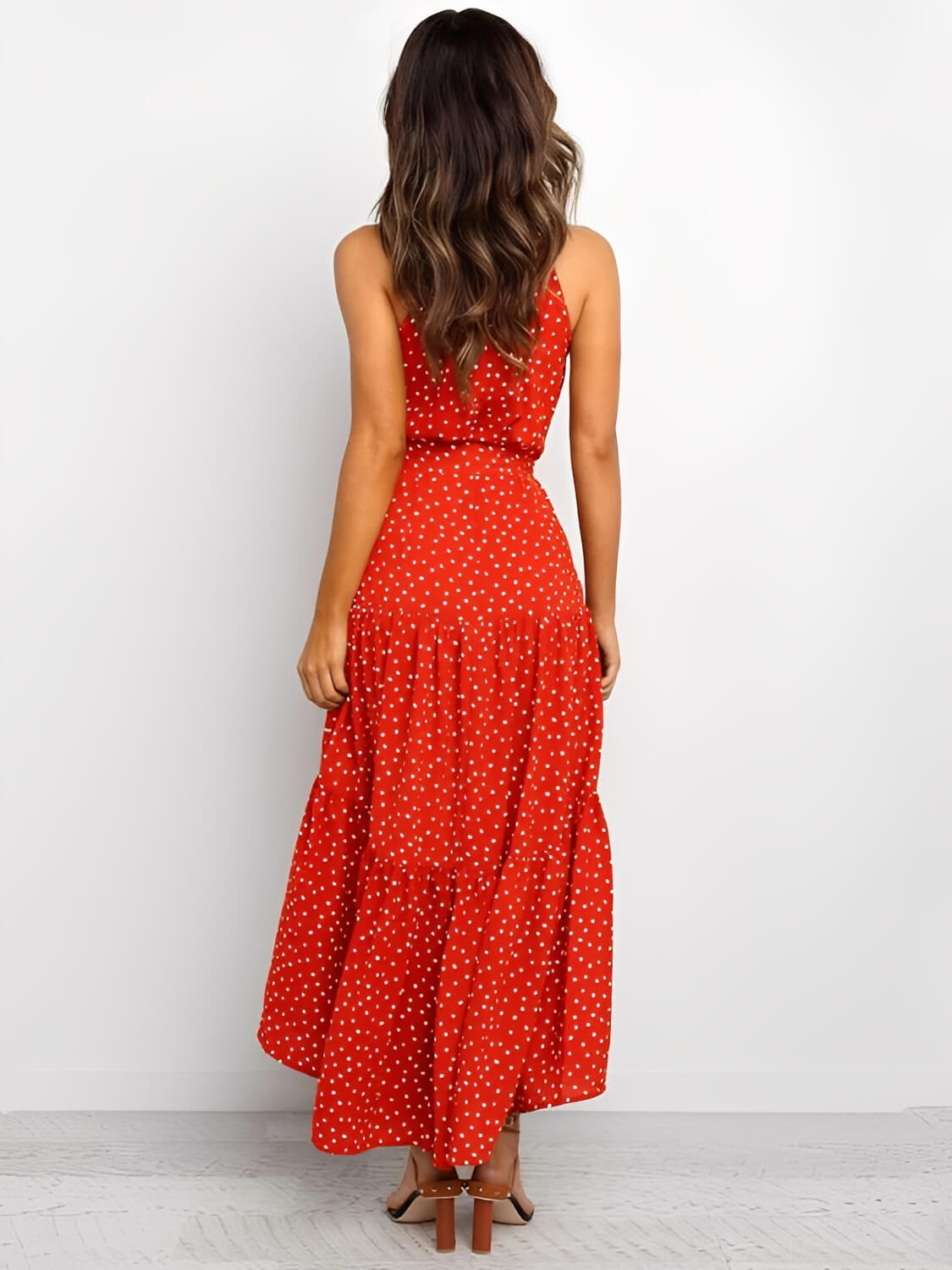 Vestido Midi em Poá Acinturado Decote Halter e Saia em Camadas – Andressa [FRETE FULL]