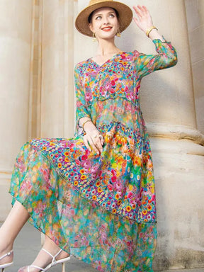 Vestido Midi Floral em Chiffon Estampado com Mangas Longas – Keila