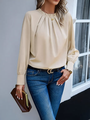 Camisa Franzida com Gola Redonda e Mangas Longas - Angelina