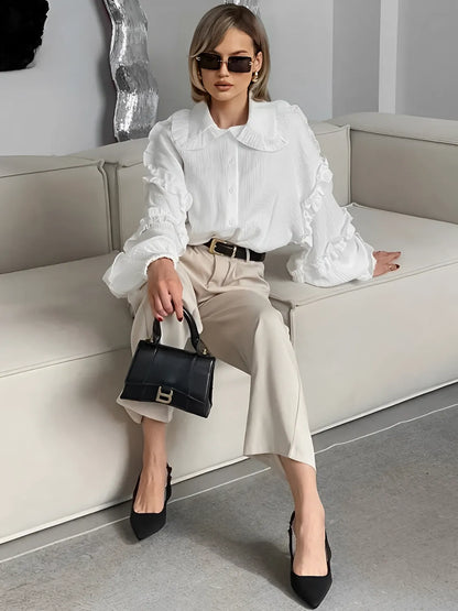 Camisa Feminina de Algodão com Babados nas Mangas e Gola - Chloe